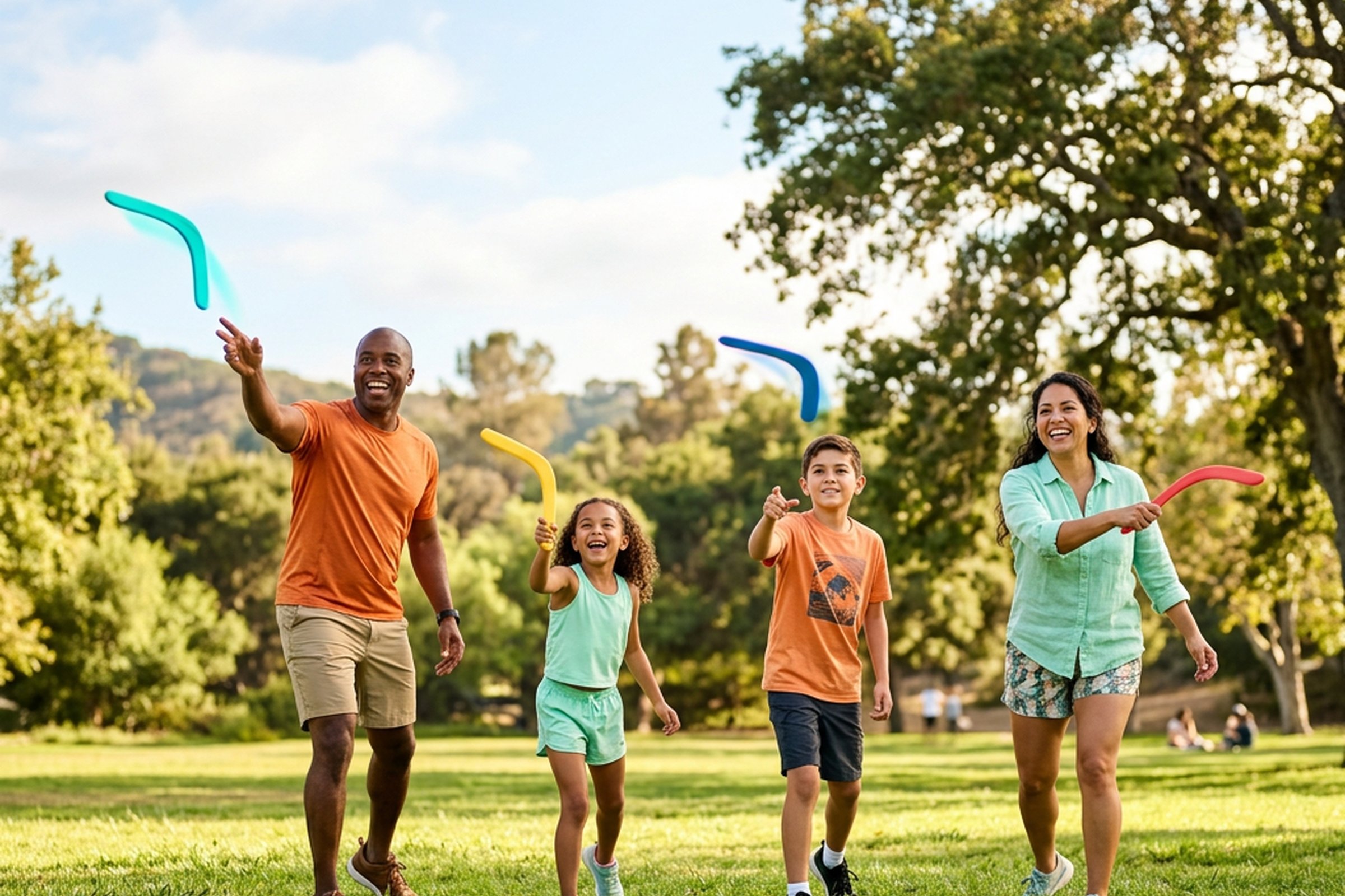 North American family throwing boomerangs outdoors